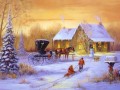 Carro navideño con caballo y niños con perro nevando